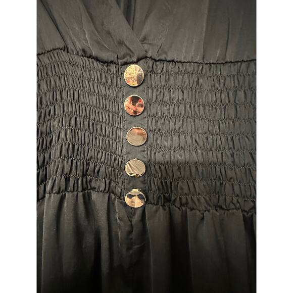 Mable Satin black dress, high center slit, gold button detail sz Small - Picture 2 of 10